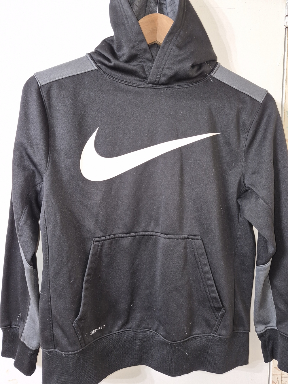 Nike Black Hoodie with White Swoosh and Gray Panels